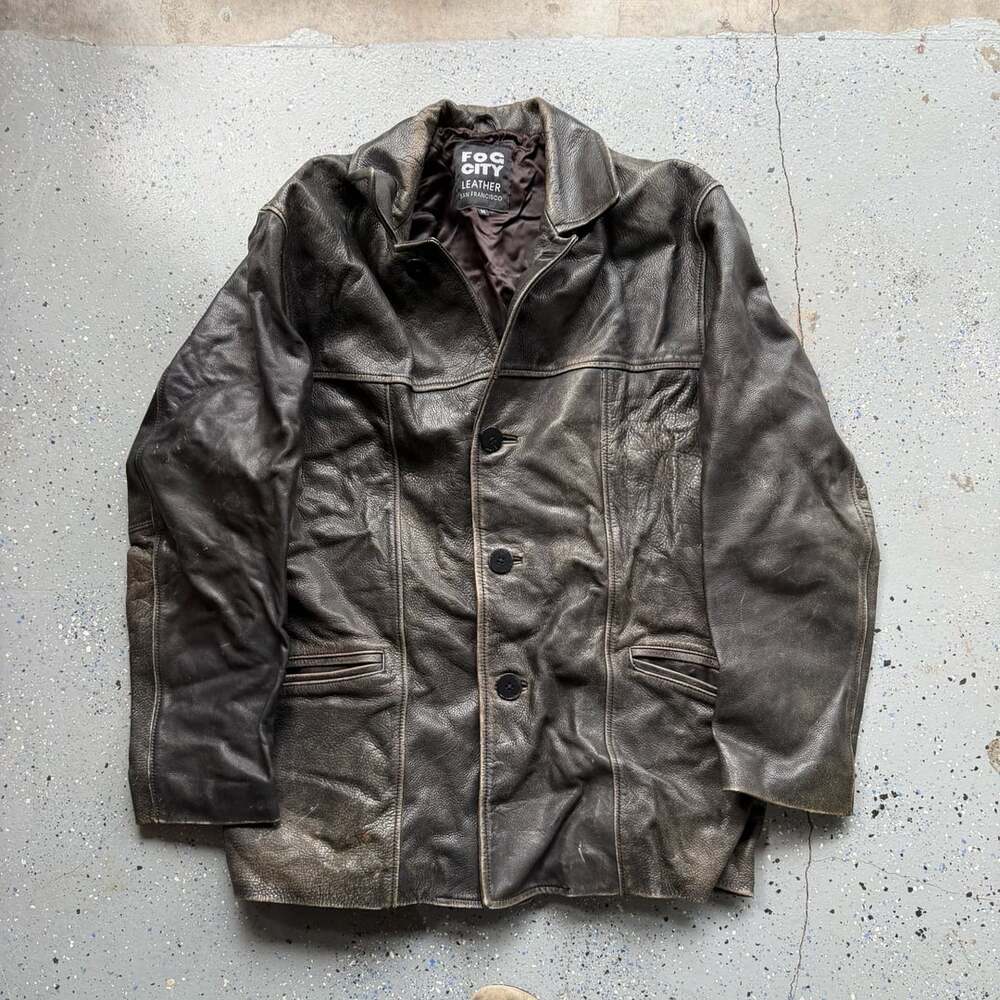 Vintage 1980s Distressed Leather Trench Coat Men's Size M